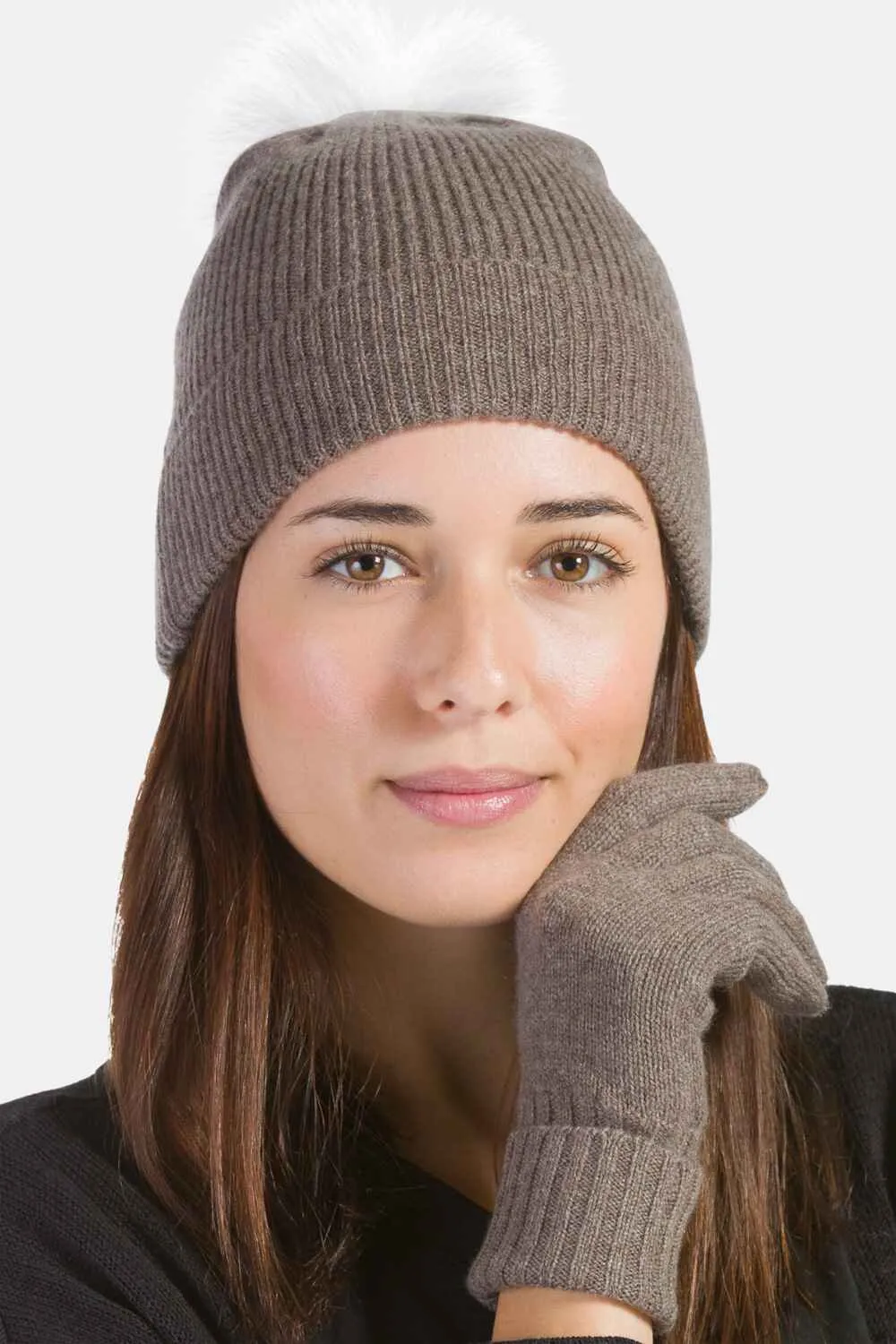 Women's 2pc 100% Cashmere Pom Beanie Hat & Glove Set with Gift Box