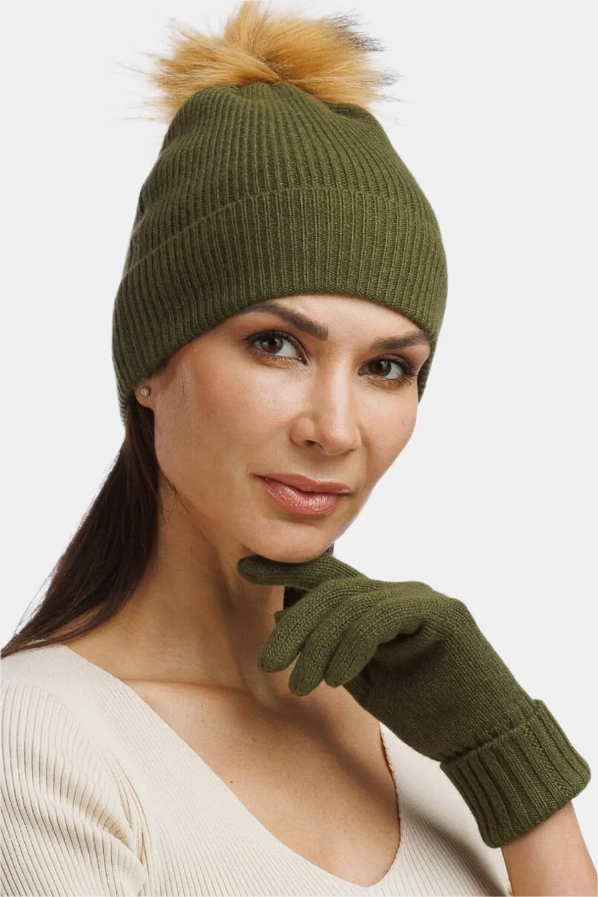 Women's 2pc 100% Cashmere Pom Beanie Hat & Glove Set with Gift Box
