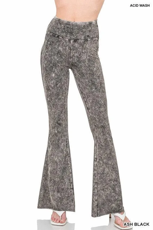 Womens Acid Wash High Waist Raw Edge Hem Pants