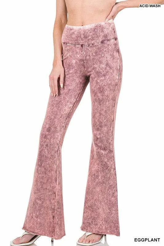 Womens Acid Wash High Waist Raw Edge Hem Pants