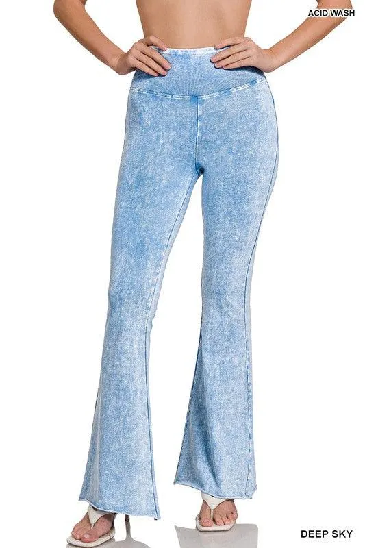 Womens Acid Wash High Waist Raw Edge Hem Pants