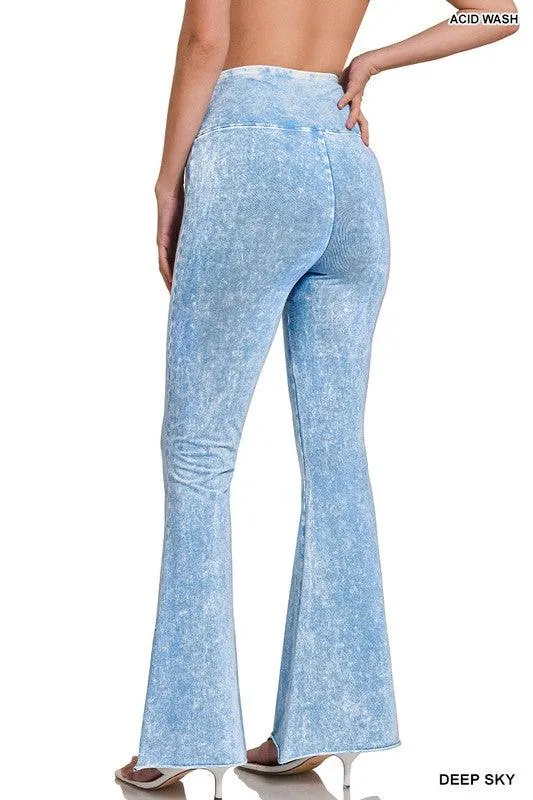 Womens Acid Wash High Waist Raw Edge Hem Pants