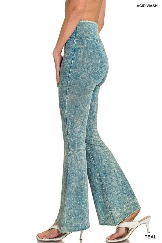 Womens Acid Wash High Waist Raw Edge Hem Pants