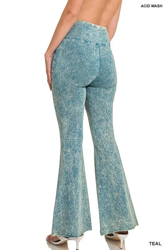 Womens Acid Wash High Waist Raw Edge Hem Pants