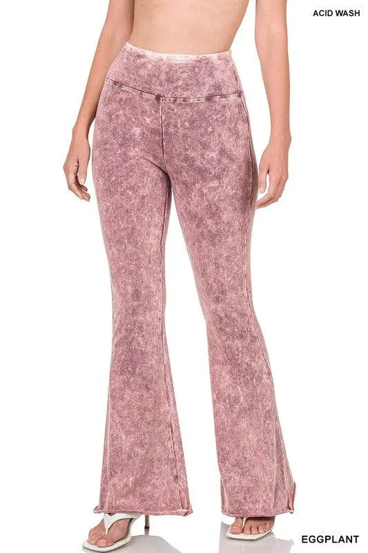 Womens Acid Wash High Waist Raw Edge Hem Pants