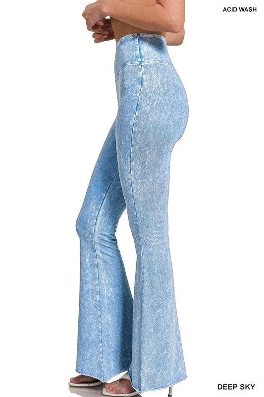 Womens Acid Wash High Waist Raw Edge Hem Pants