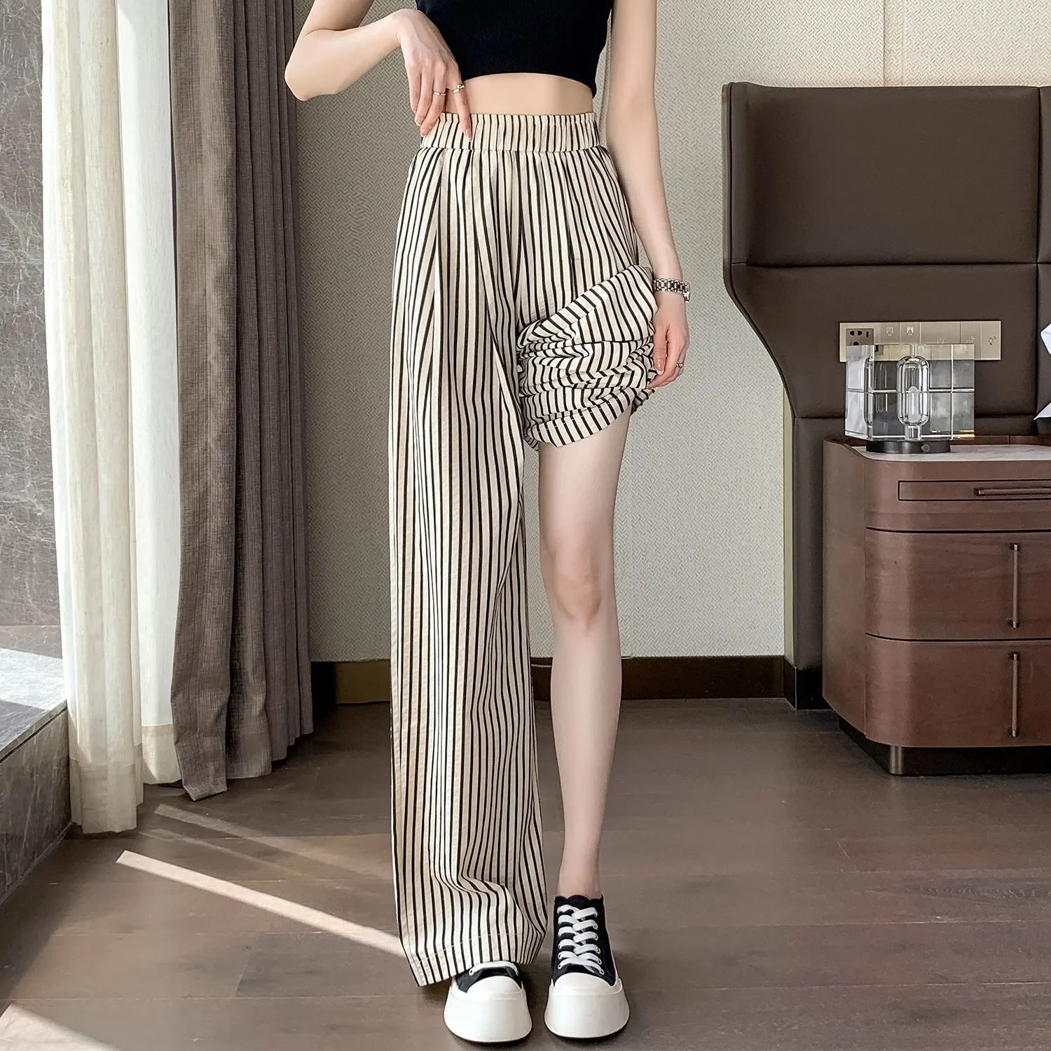 xiangtuibao Summer New Striped Cotton Linen Wide-Leg Pants Women's High Waist Loose Drooping Straight Imitation Linen Mop Trousers Women's