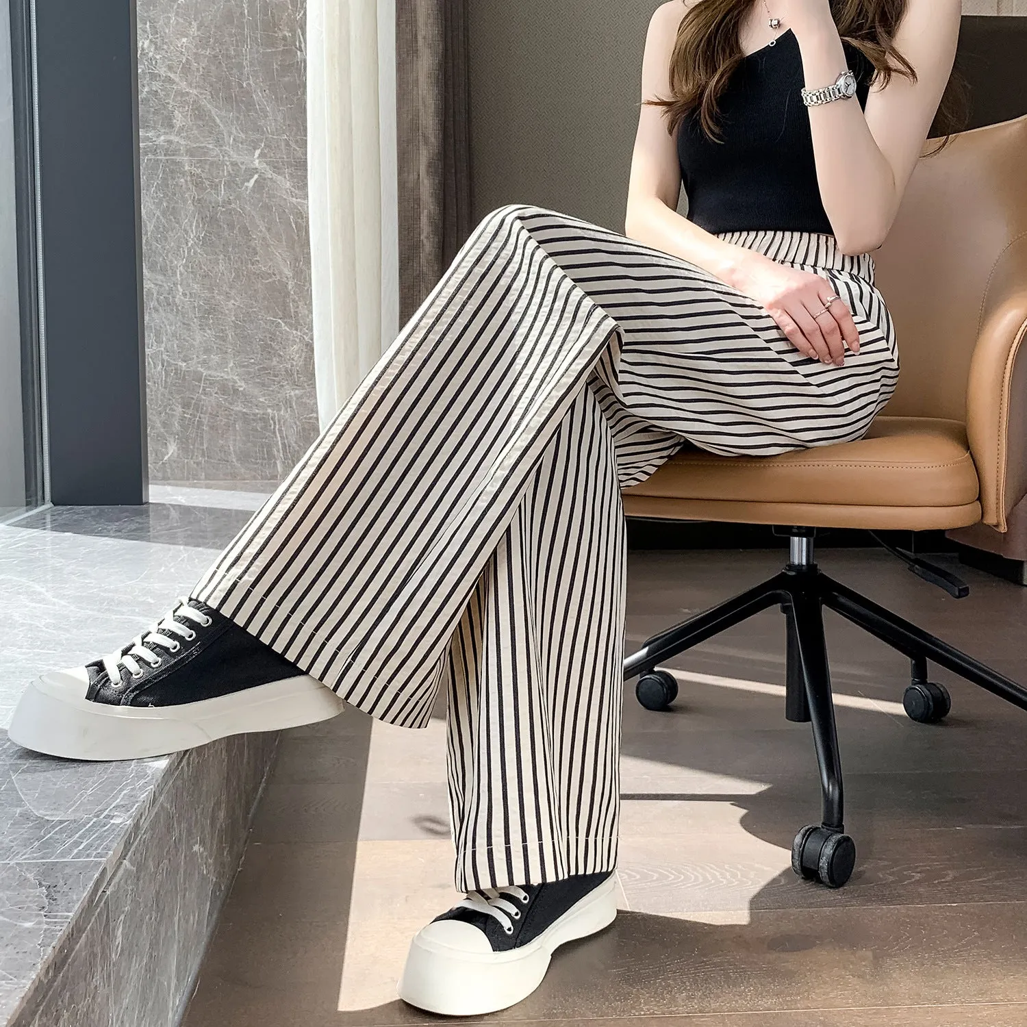 xiangtuibao Summer New Striped Cotton Linen Wide-Leg Pants Women's High Waist Loose Drooping Straight Imitation Linen Mop Trousers Women's