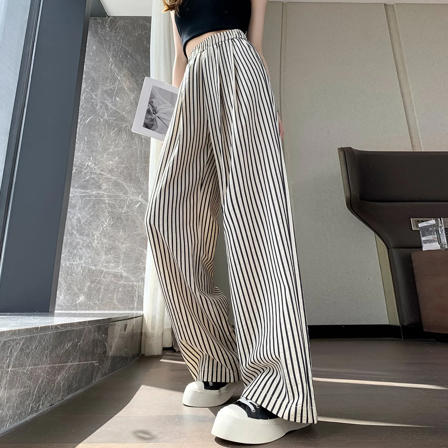xiangtuibao Summer New Striped Cotton Linen Wide-Leg Pants Women's High Waist Loose Drooping Straight Imitation Linen Mop Trousers Women's