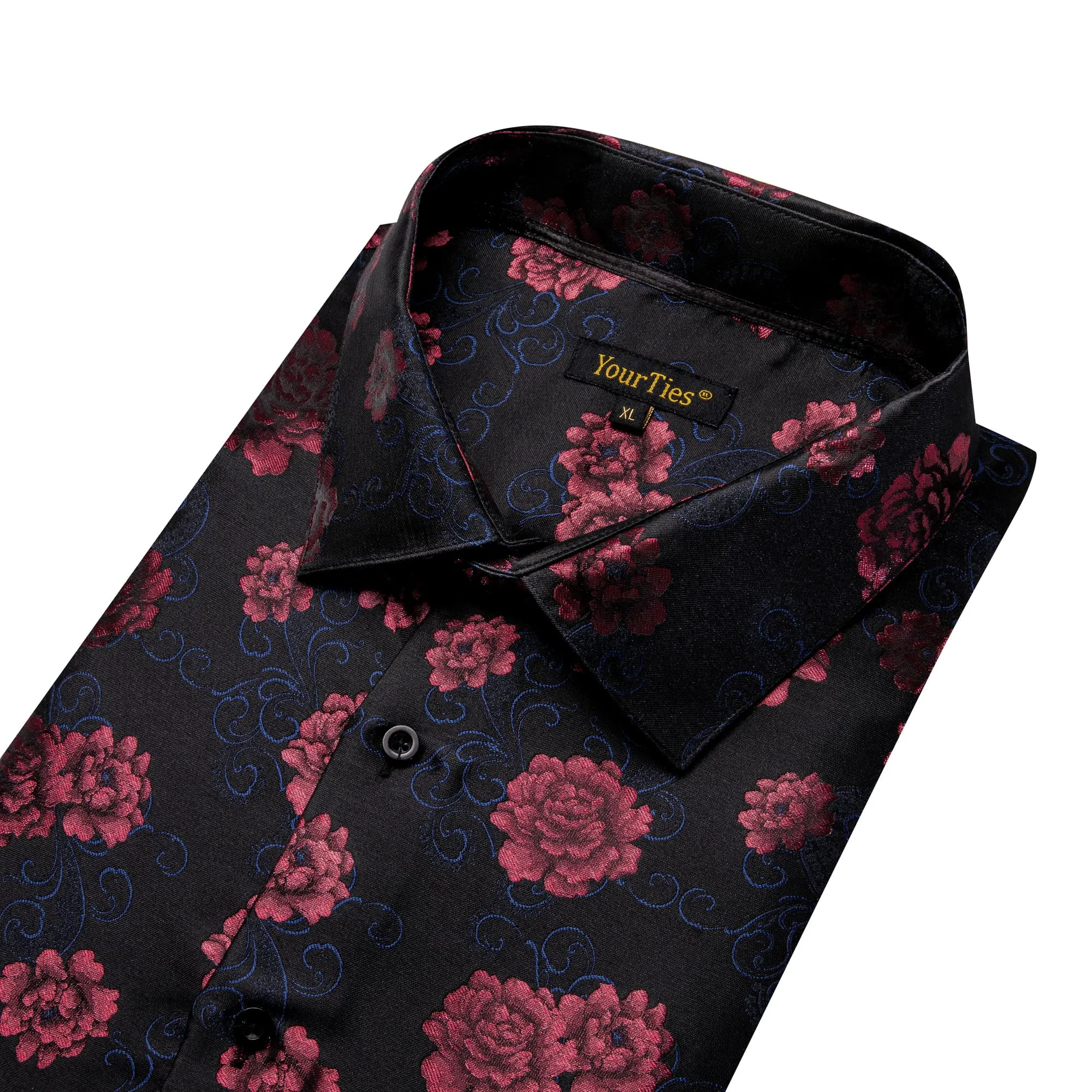 YourTies Black Shirt Cordovan Red Roses Men's Long Sleeve Floral Shirt